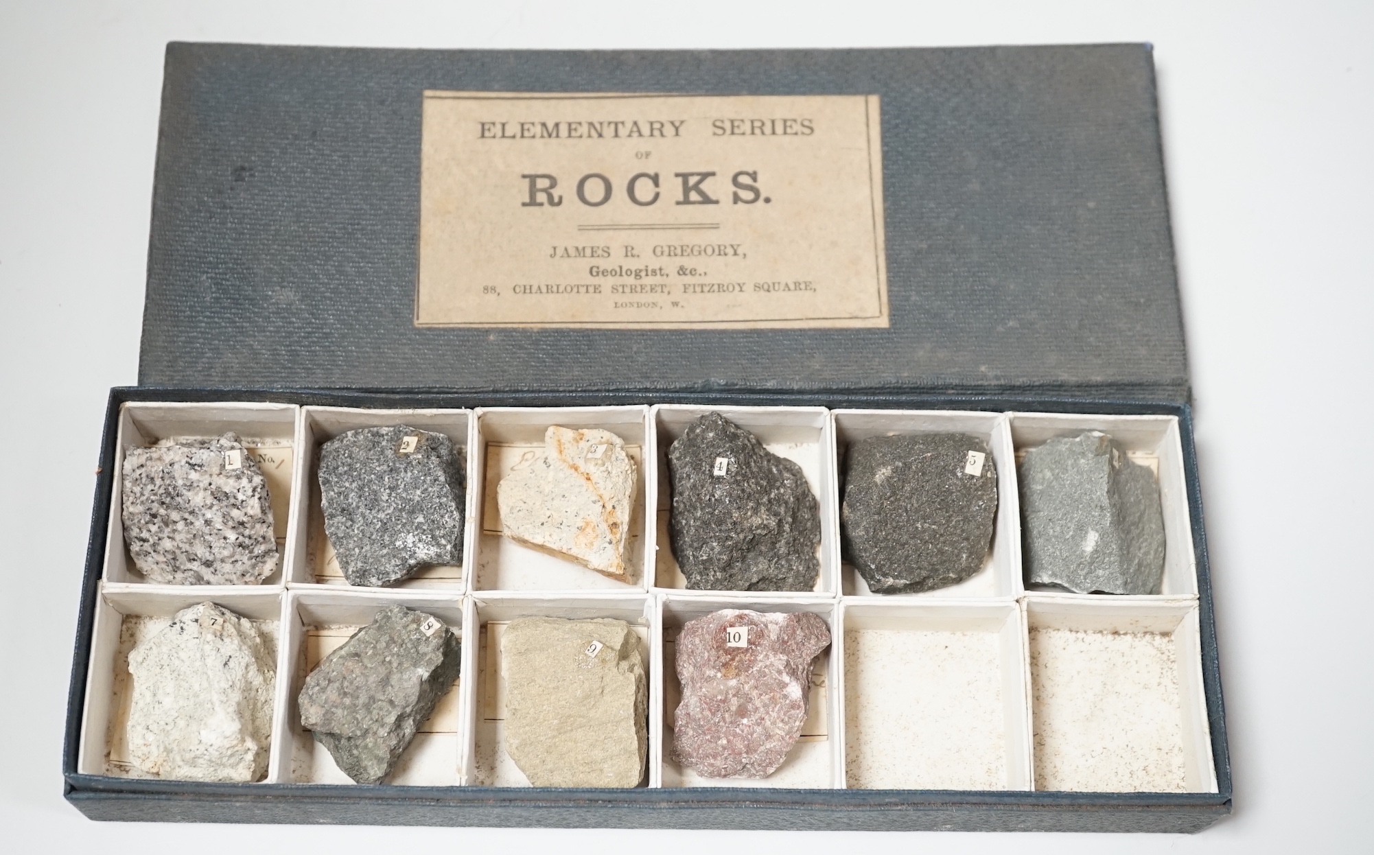 James R. Gregory. Elementary rocks and rock formed minerals, a collection divided between five labelled boxes, in a four drawer desk top filing case